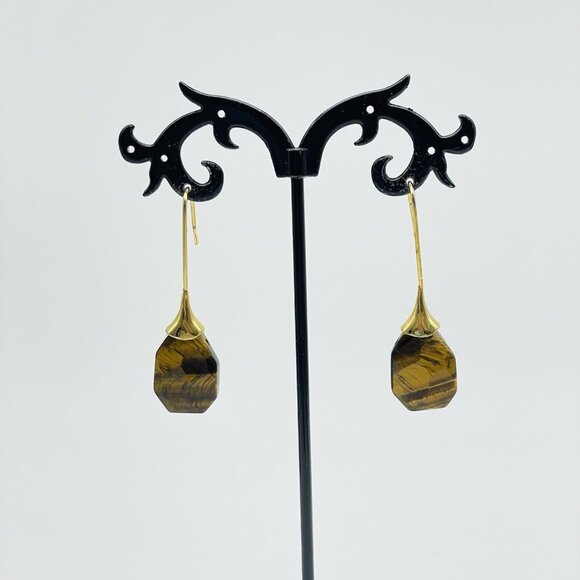 Simulated Tigers Eye Earrings Gold Tone Faceted Boho Festival Party Hippie - Picture 4 of 8